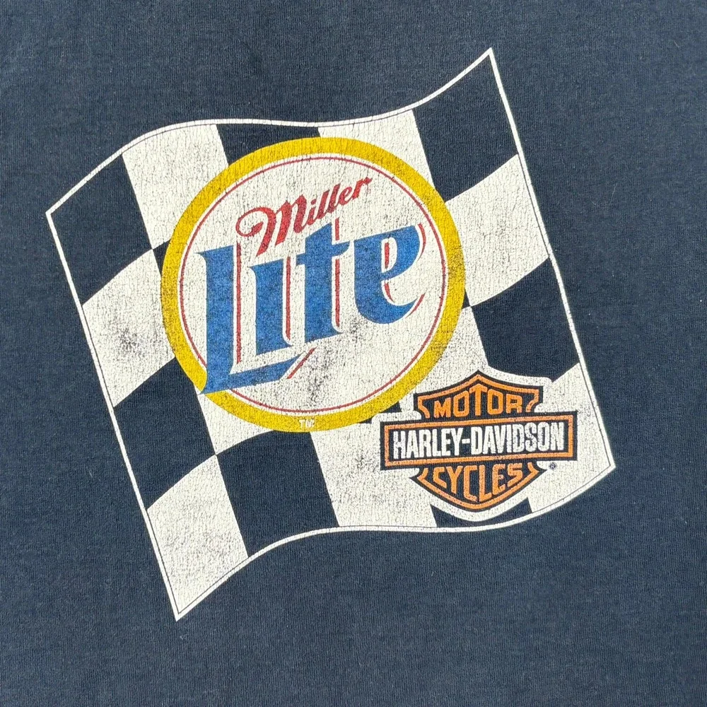Vintage Harley-Davidson Miller Life Ride Straight T-Shirt XL Black Racing Flag